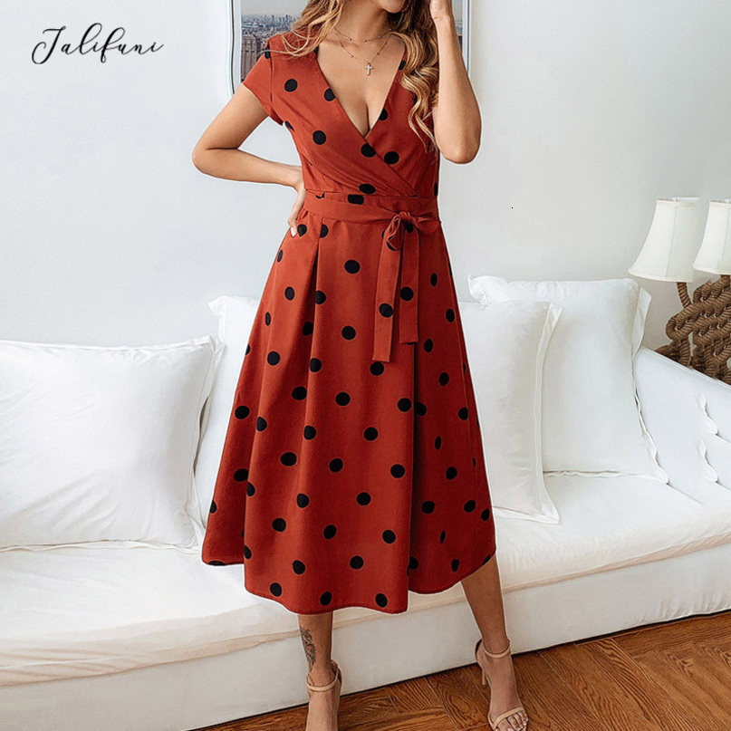 Casual Polka Dot Print Female Summer Dress V-Neck Short sleeve Sashes High Waist A-Line Ankle-Length Women Fashion Dresses 210415