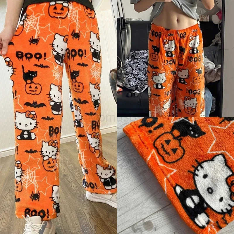 Sanrio Anime HelloKitty Y2k Pajamas Pants Women Pjs Halloween Household Dress Kawaii Woolen Cartoon Casual Home Pants L2509251