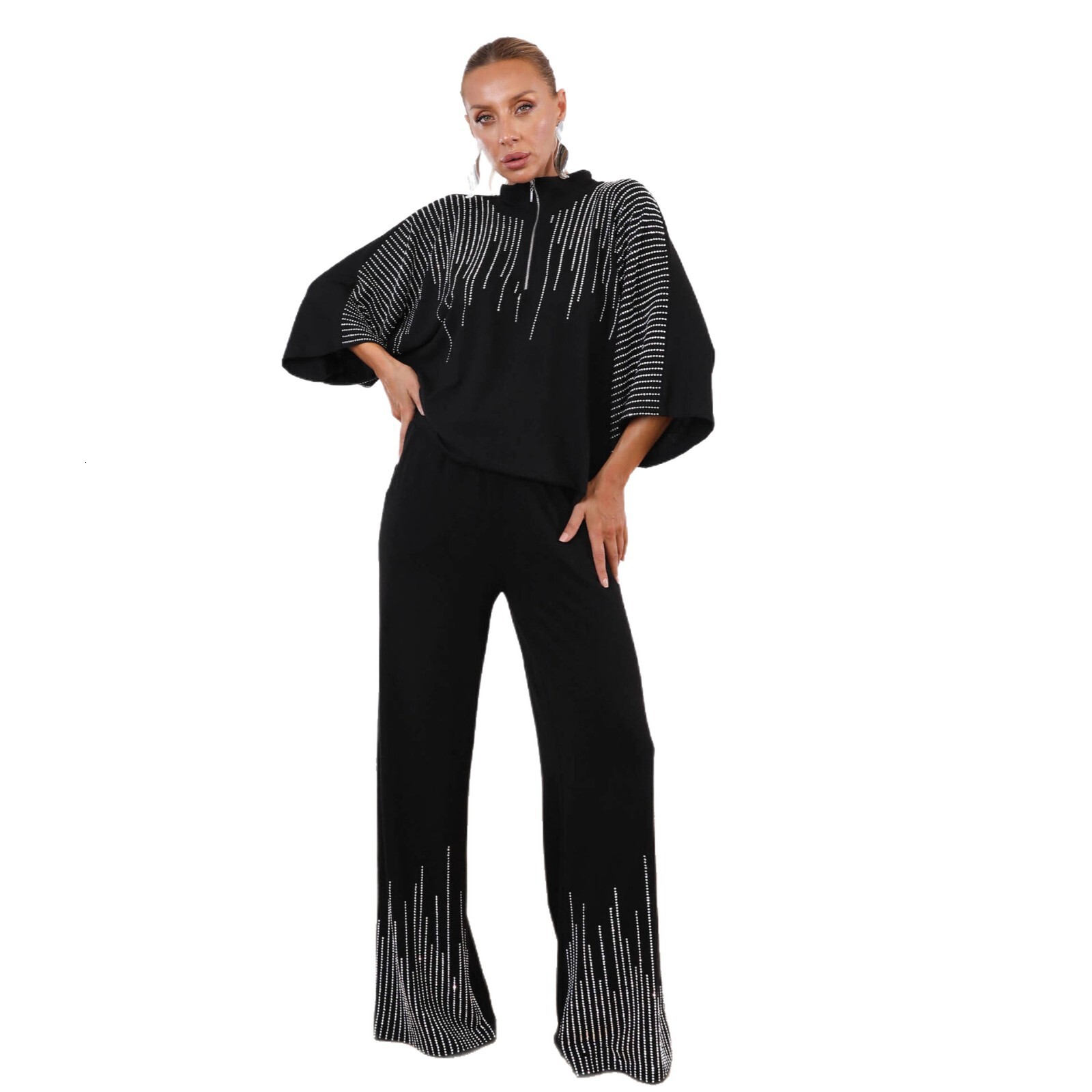 Women's Clothing 2025 Autumn New Style Personality Temperament Rhinestone Top Casual Wide-Leg Pants Two-Piece Set