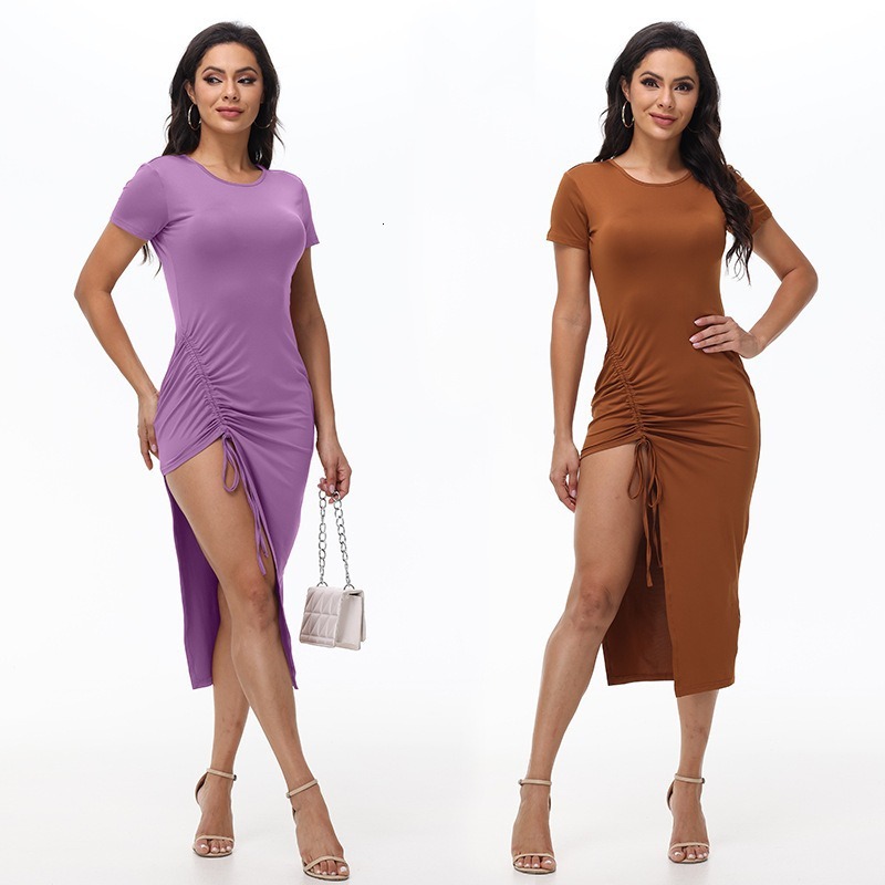 Women's Fashion Sexy Slim Fit Short Sleeve Solid Color Drawstring Irregular Slit Mid-Length Dress