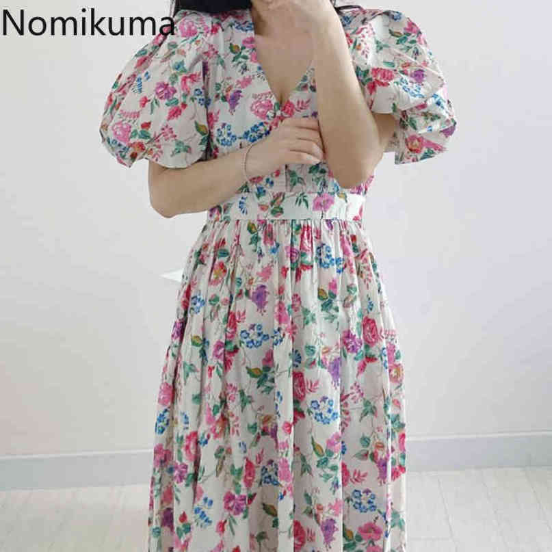 Nomikuma Korean Floral Dresses for Women Elegant Bandage Slim Waist Dress Puff Short Sleeve V-neck A-line Vestidos Femme 6H450 210427