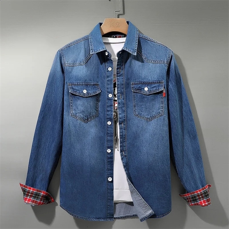 Denim shirt mens cotton denim shirt fashionable autumn slim fit long sleeved denim shirt fashionable washing slim fit top Asian size 4XL 250422