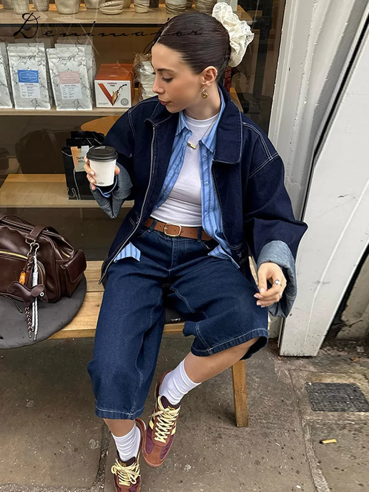 Patchwork Denim Jackets Pants Sets Women Baggy Lapel Zipper Pocket Top Straight Leg Pants 2025 Spring Casual Street Female Suits 250916Z