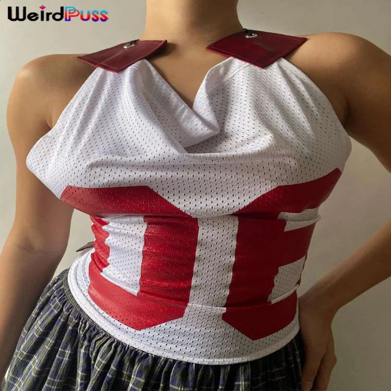 Weird Puss Mesh Halter Crop Tops Woman Summer Bandage Backless Patchwork Number Print Swing Collar Party Streetwear Skinny Vest 240821