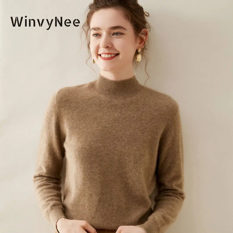 WinvyNee Womens Cashmere Sweater Plain Collar Merino Wool Loose Sweater Solid Knitted Top Casual Zipper Jumper Autumn A1054002 241113