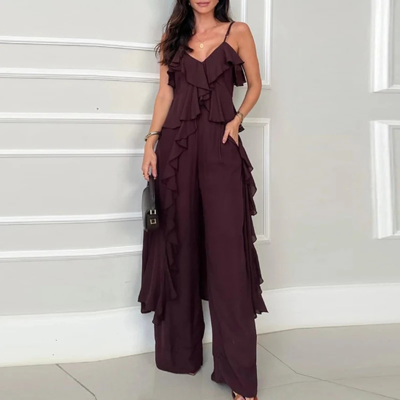 Tempered solid V-neck suspension top and wide leg pants set for womens elegant solid pleated two-piece clothing womens chiffon set 250415