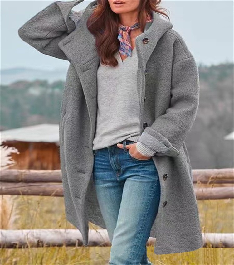 Autumn Winter Women's Sleeve Long Hooded Woolen Casual Loose Coat