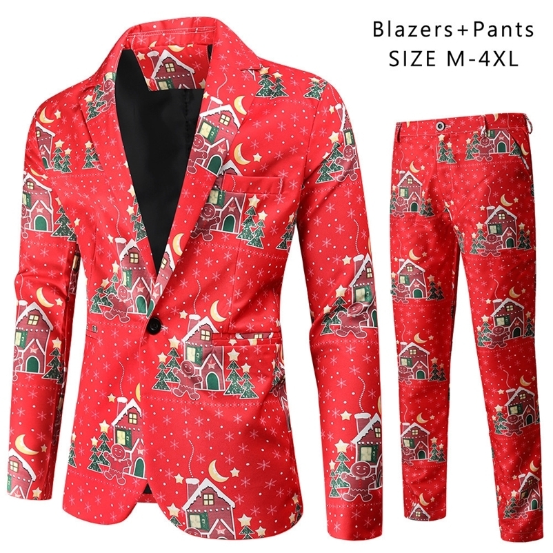 Men's Suits Blazers Boutique Men's S-4XL suit Trousers Men's Casual and Comfortable Christmas Fashion 3D Printing Christmas Tree 2-piec