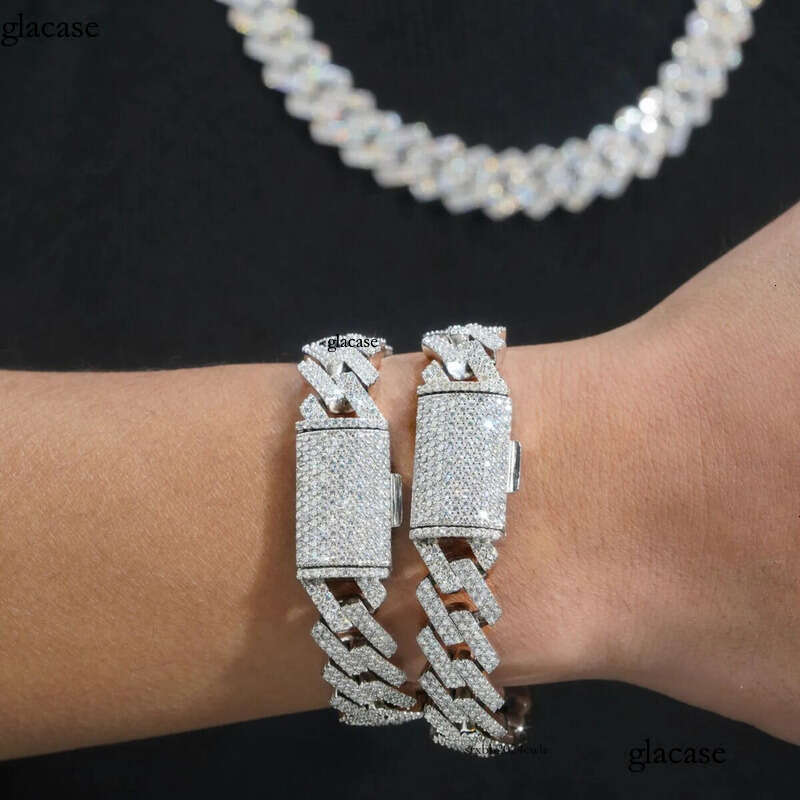 14mm 18-24inch Fine Jewelry Ice Out Flashing Mossanite Dia Necklace Sterg Sier VVS Moissanite k Cuban Chain Bracelet sets