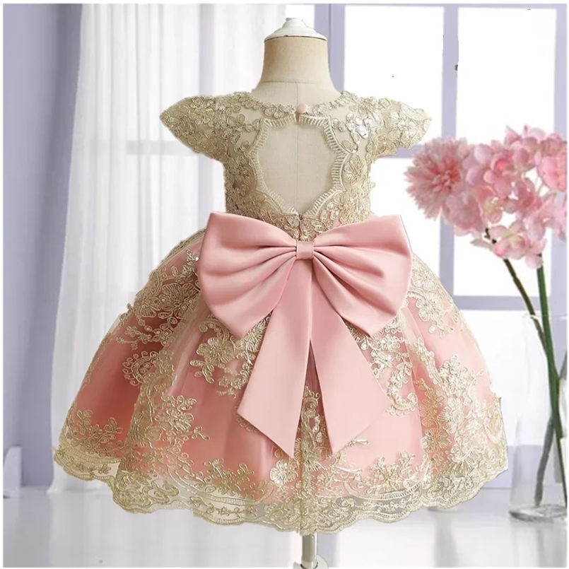 Elegant Girls Dress Golden Vintage Formal Gown Princess Embroidery Dresses for Girl Baby Wedding Baptism Party Lace Dress 241014
