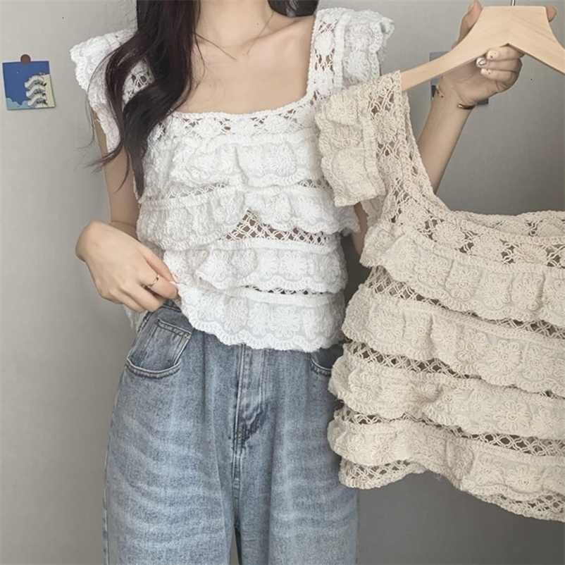 Camisoles Tanks Women's crochet lace sleeveless crop vest with retro square neckline and laminated pleated hem vest hollow knit top 230410