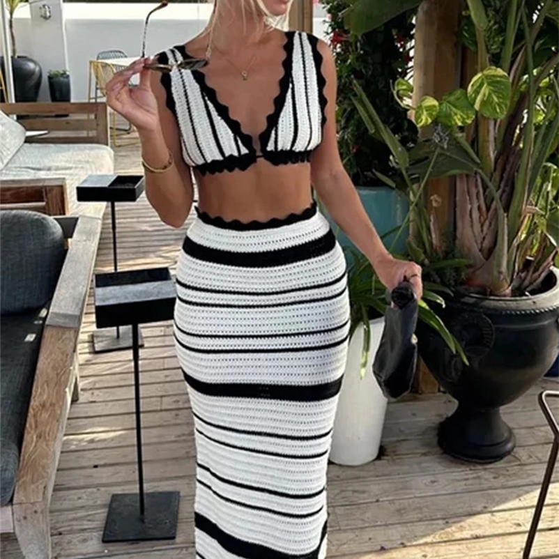 Trendix Striped Knitted Skiing and Bra Set Womens Sexy Backless Sleeveless Bikini Top Bohemian Party Elegant Knitted Long Evening Dress 250118