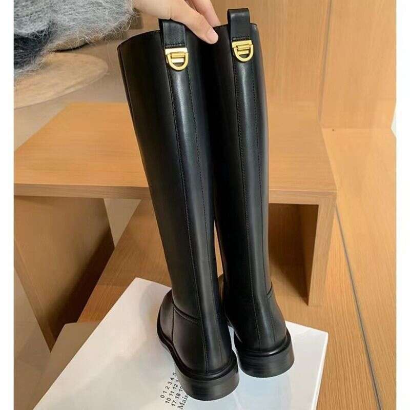 Hot Selg High-End Minimalist Round Toe Low Heel Side Zipper Fashionable Women's Exquisite High-Quality Long Leg Knight