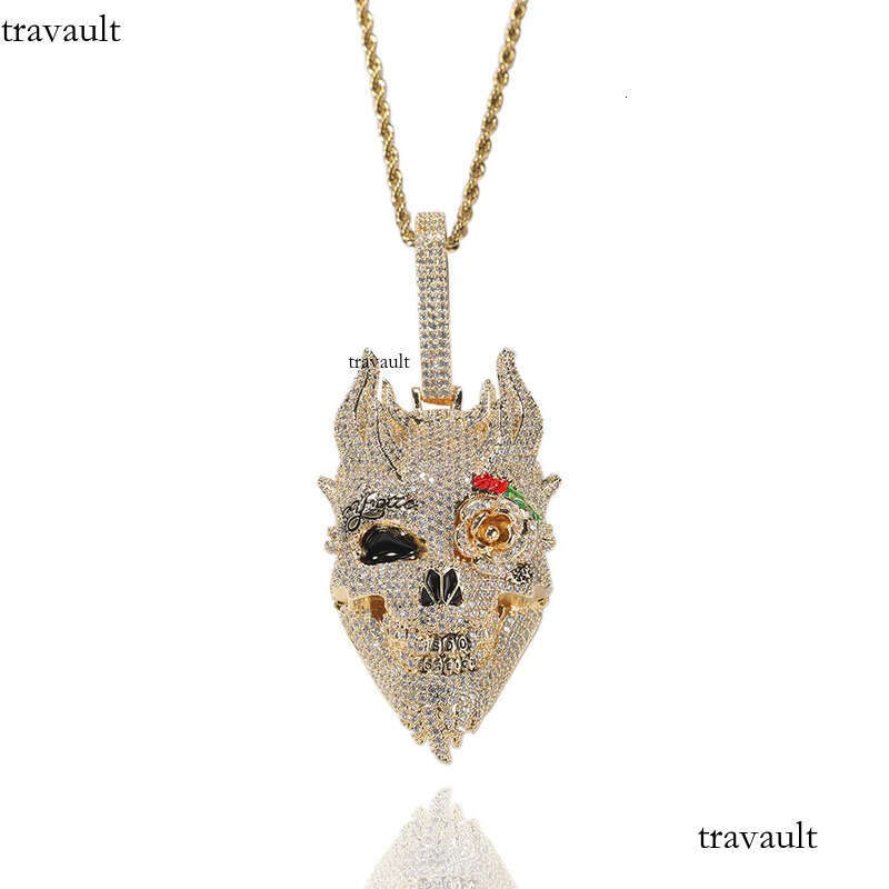 Iced Out Rose Skull Pendant Necklaces Mens Gold Necklace Fashion Punk Hip Hop Jewelry