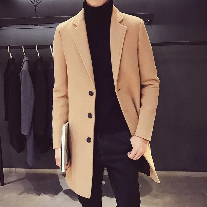 Autumn and winter slim fit mens long wool coat with single chest collar street fashion business trench coat for mens wear 241203