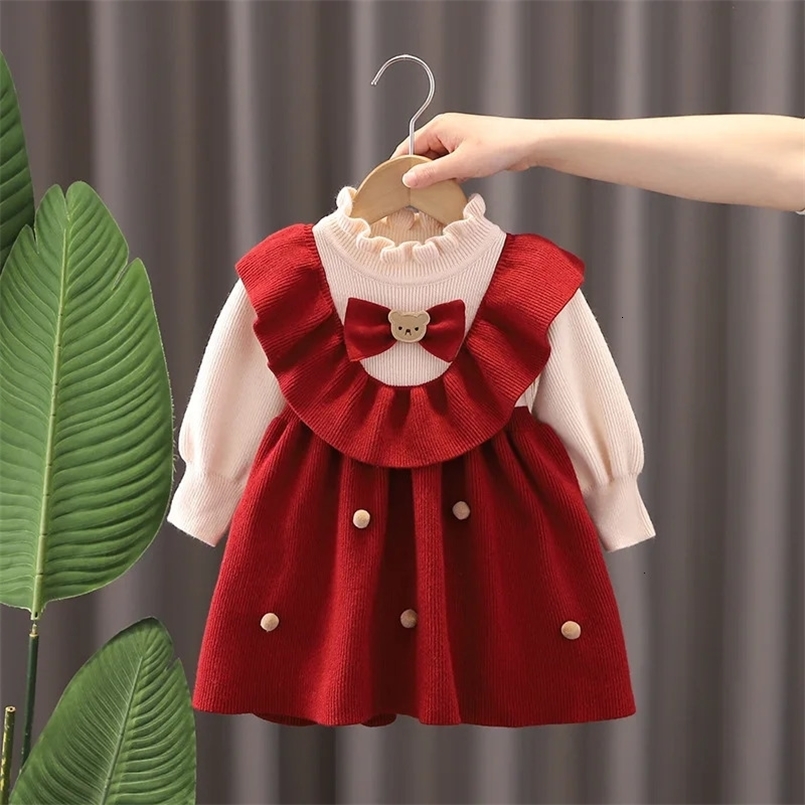 Autumn Winter Children Girls Dress Cotton Bear Bow Christmas Baby Girl Princess Dress Spliced Fleece Warm Infant Girl Dress 250107