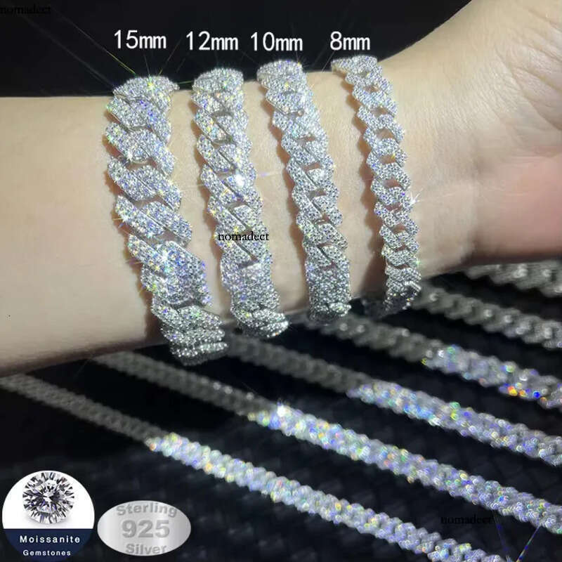 Mossanite Hip Hop Jewelry 8mm-15mm Sterling Sier Pass Dia Tester VVS Moissanite Iced Out Cuban Link Bracelet for Mens 40