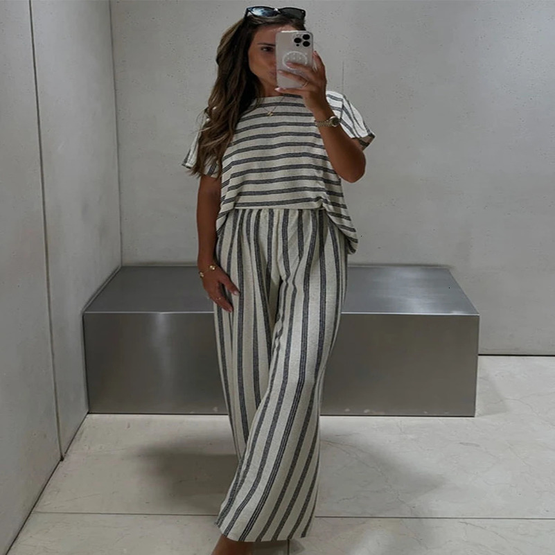Casual Striped Pants Sets Women 2 Pieces O-neck Short Sleeve Jumper Drawstring Trousers Suits Summer Lady Loose Outfits 250603