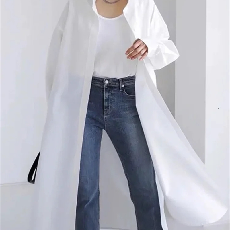 Missuoo Summer Solid White Thin Shirt Outerwear for Women Lapel Long Sleeve X-Long Trench Coat Spring and Summer 240716