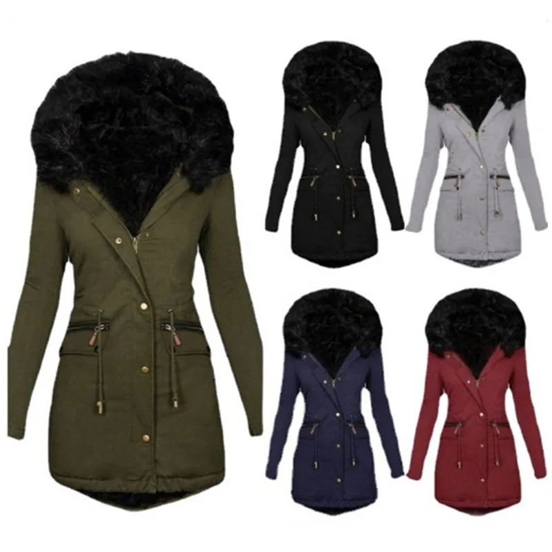 Women's Down Parkas Winter Slim Fit and Slim Women's Solid Color Wool Collar Hooded Mid length Warm Zipper Cotton Coat 231025
