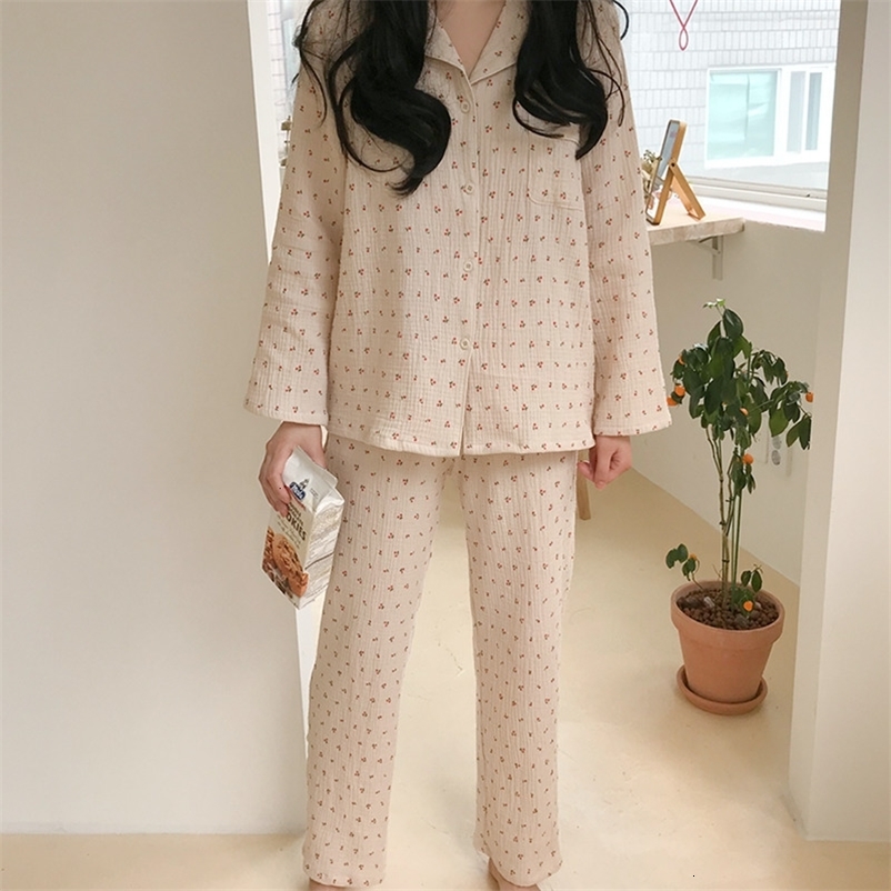Women's Sleepwear Cotton Linen Sleepwear Set Sweet Cute Cherry Print Pajamas Vintage Kawaii Notched Pocket Home Suit ShirtTrousers Button S890 23
