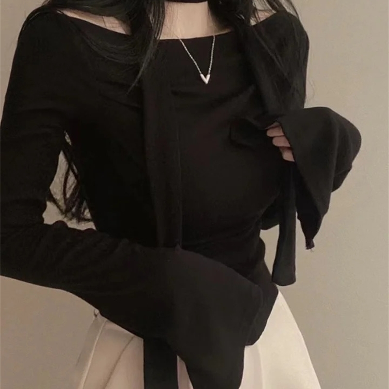 Y2K Crop T-Shirts Women sweet Chic Long Sleeve Top Female Vintage Fashion Off Shoulder Tee Lady Spring Casual Lace-Up T Shirt 240716