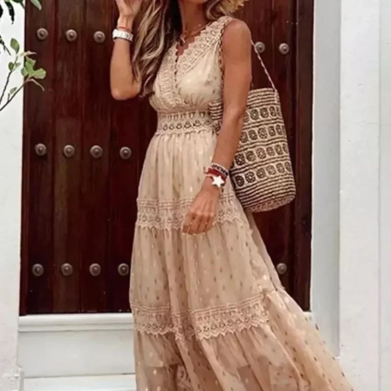 Women Long Maxi Loose Dress Sleeveless High Waist Lace Solid Color Floor Length Fashion Sexy Dress 250603