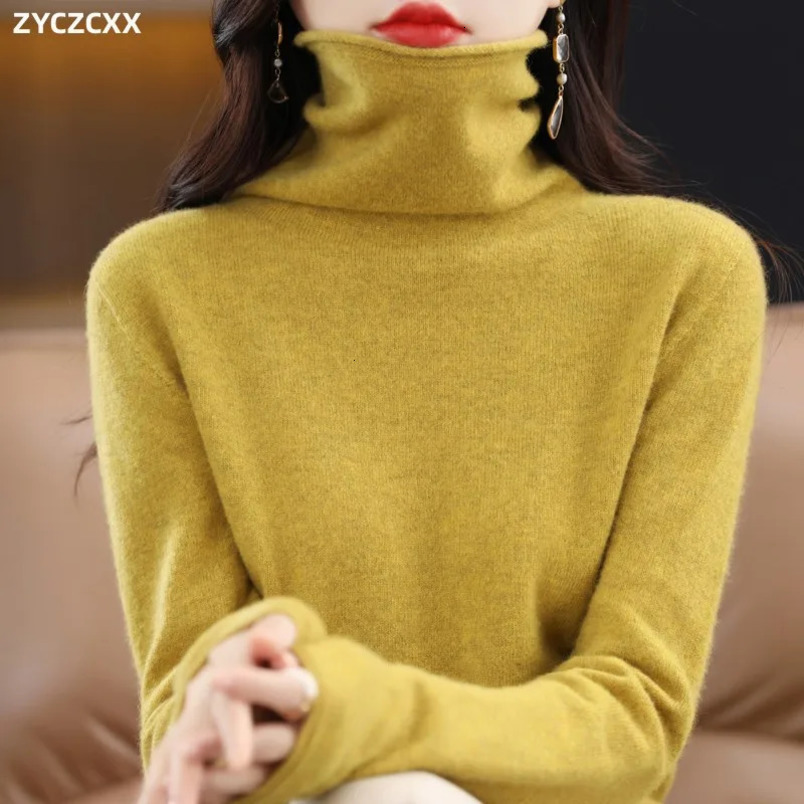 100% Merino Wool Turtle Neck Pulling Knitted Womens Autumn and Winter Warm Sweater Womens Solid Color Pile Neck Sweater 241113