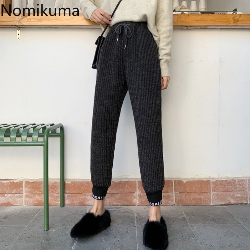 Nomikuma Knitted Letters Harem Sweatpants Causal Lace Up Stretch Waist Trousers Autumn Winter Thicken Women Sweater Pants 6C764 210427