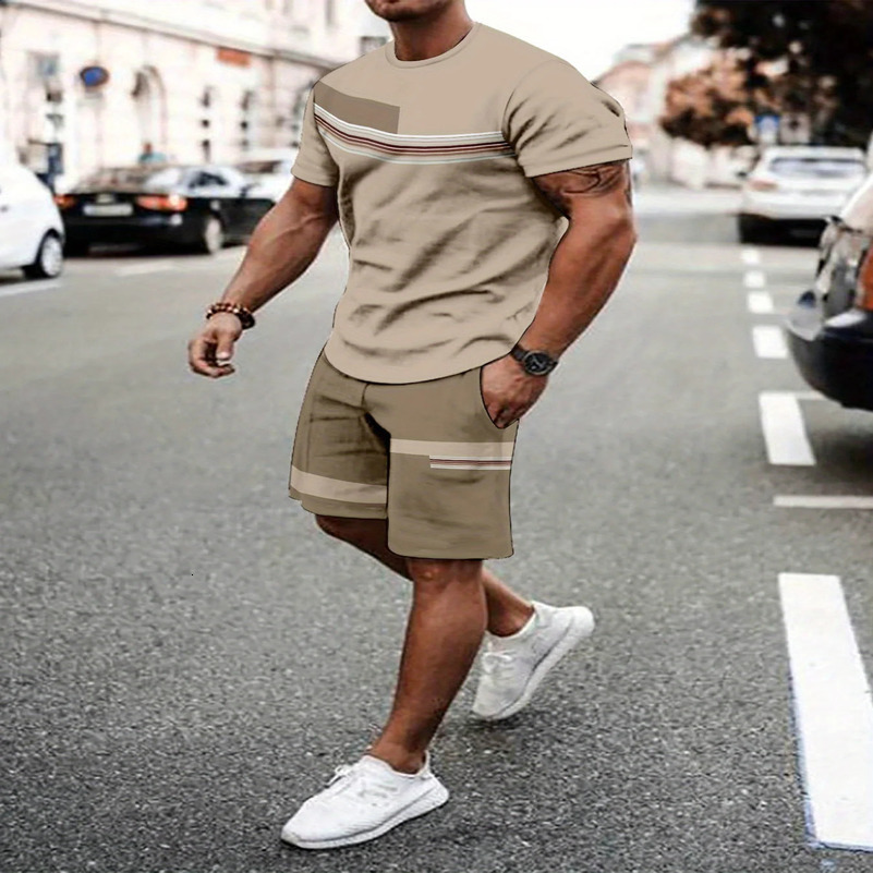 Leisure sportswear breathable outdoor casual mens T-shirt five point pants set summer 3D printing set 250427