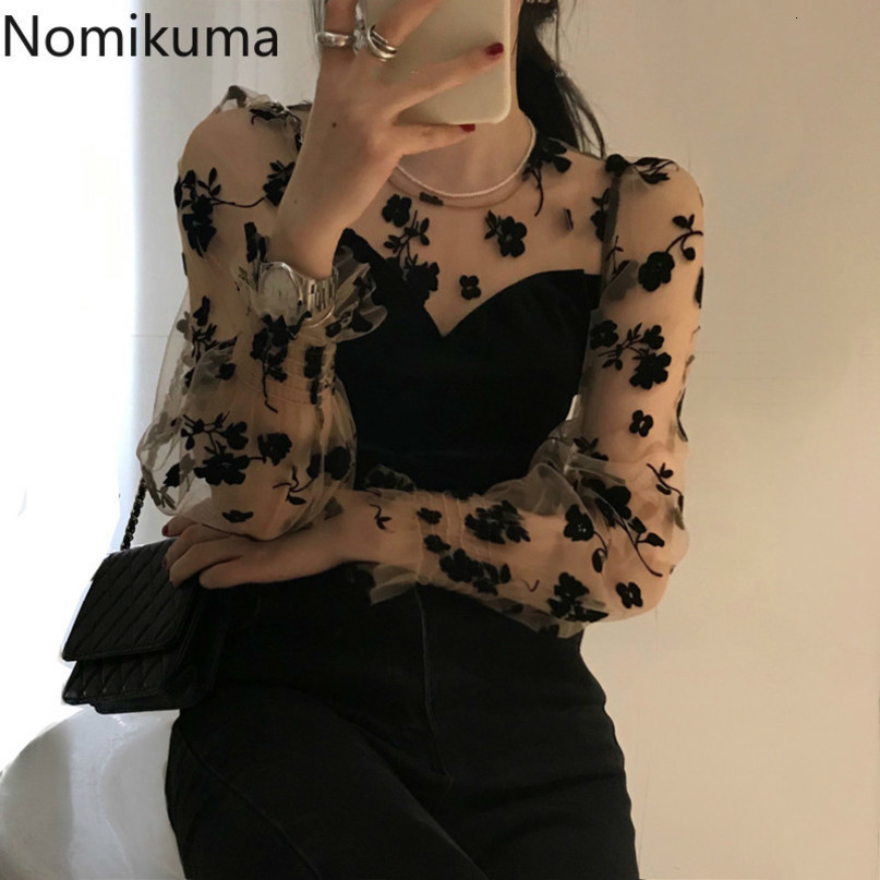Nomikuma Floral Mesh Patchwork Velour Blouse Korean Long Sleeve O-neck Women Shirt Autumn New Elegant Blusas Top 6D035 210427