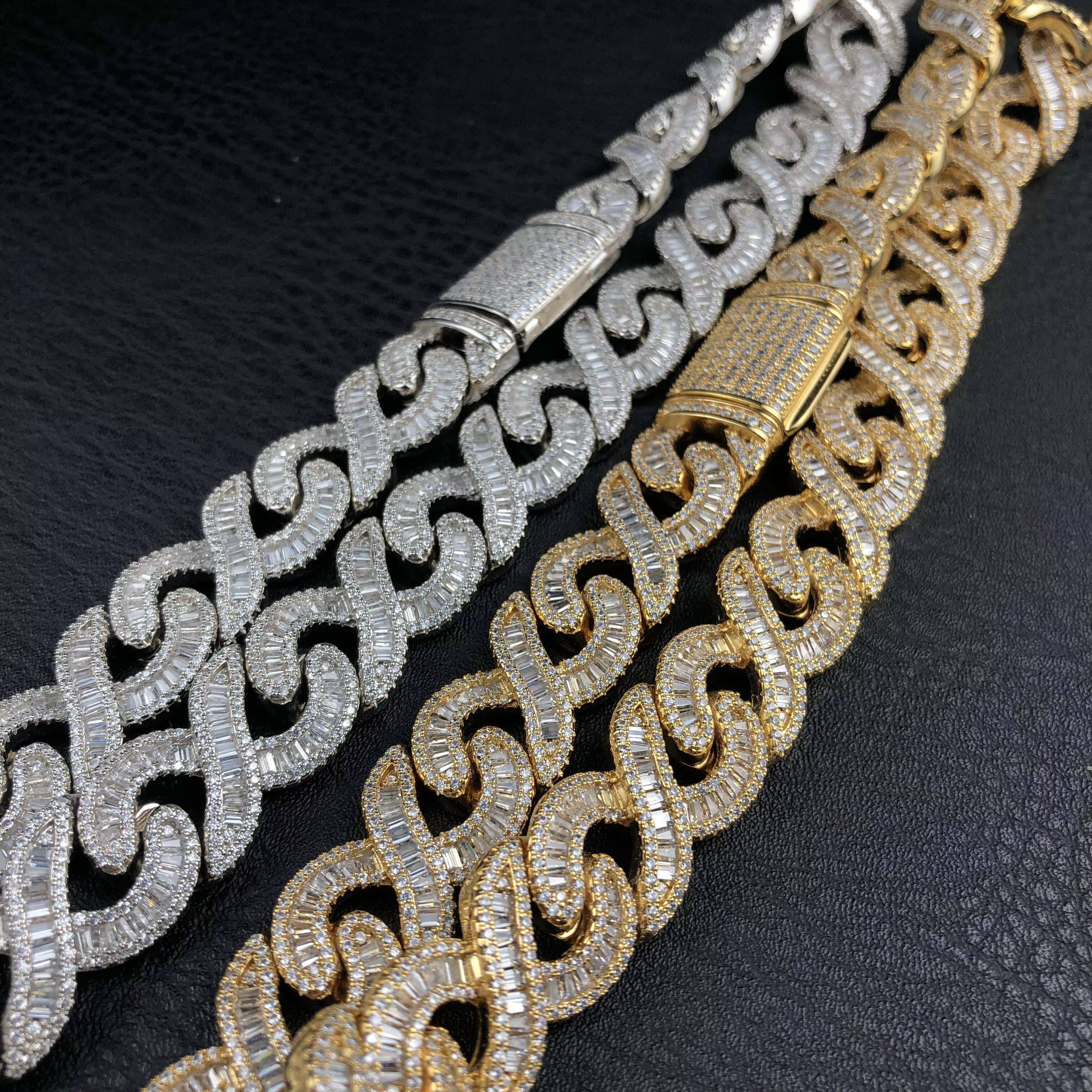 YSS Jewelry Mens 15mm Gold AAA Baguette Micro Pave Infinity Link Flooded Ice Bling Chain