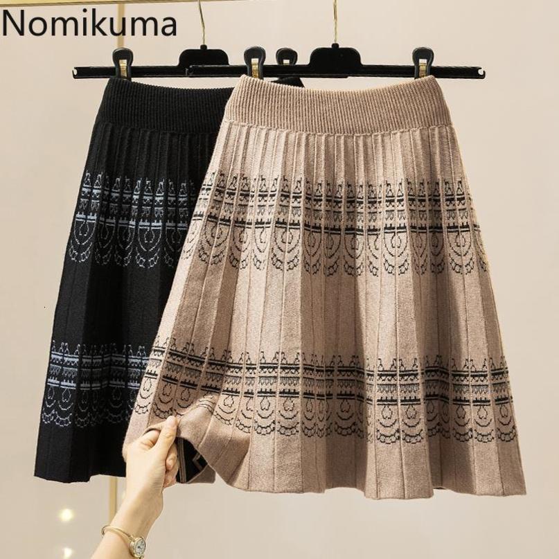 Nomikuma Women Autumn Winter Knitted Skirts Korean Vintage Floral A-line Sweater Skirts New High Waist Faldas Mujer 6C901 210427