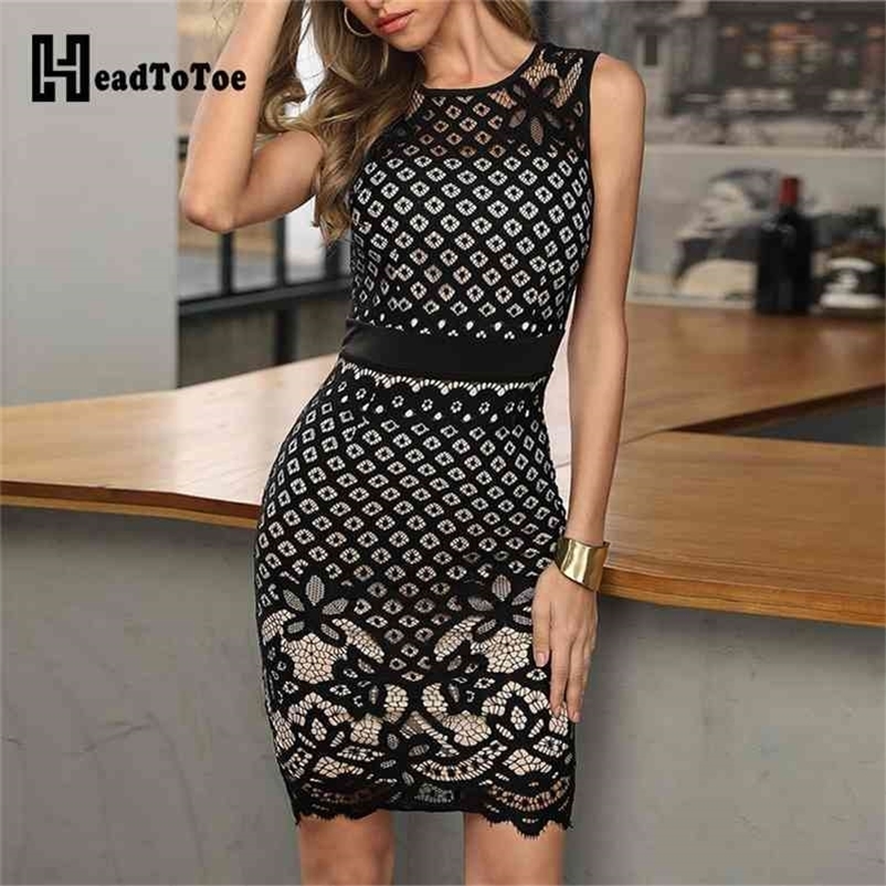 Black Hollow Out Lace Stitching Party Dress 210630
