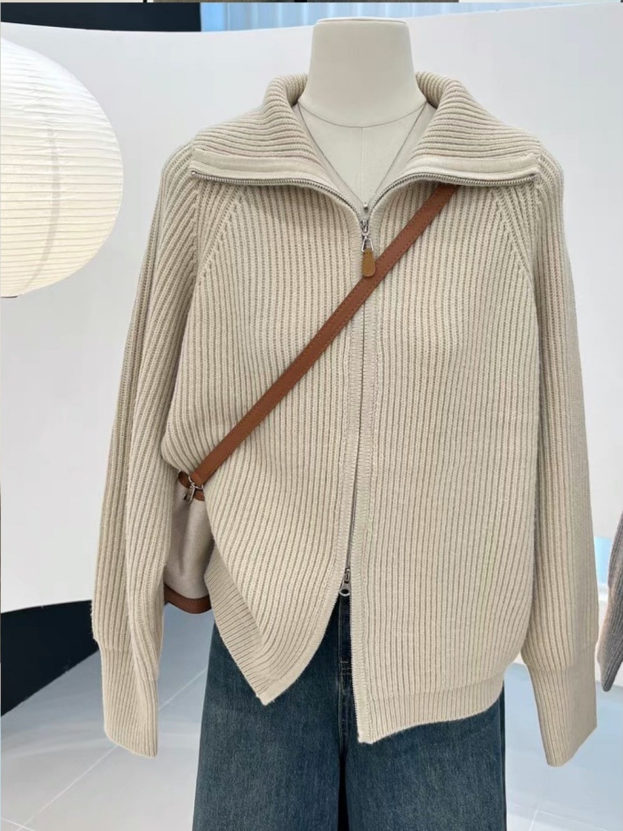 New Women's Knitted Double Zipper Jacket Thickened Lazy Cardigan for Women