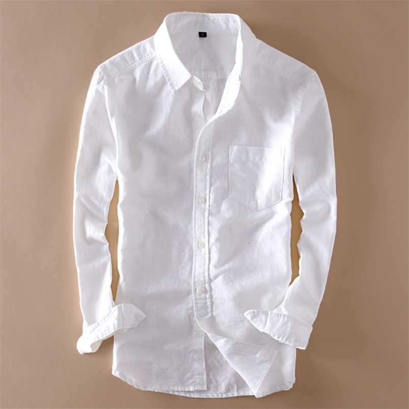 Men's Casual Shirts Spring White Thin Section Fresh Breathable Long-sleeved Linen Shirt Men's Beach Casual Sunscreen Cotton and Linen Shirt 