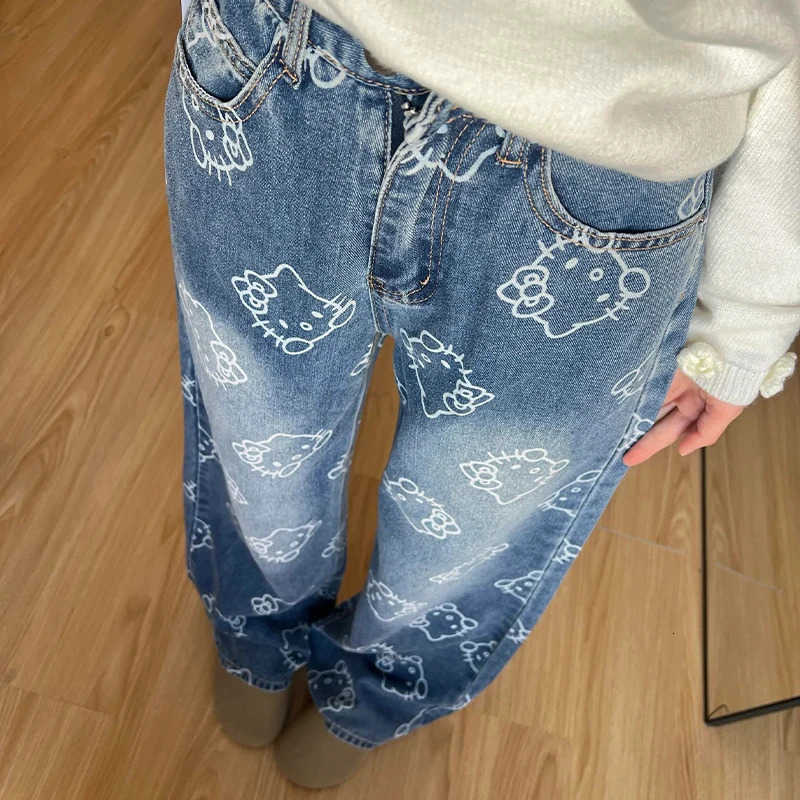 Sanrio Hello Kitty Womens High Waist Straight Leg Denim Pants Stretch Comfort Leg Jeans Breathable Dark Blue Wide Leg Jeans for Women L250925