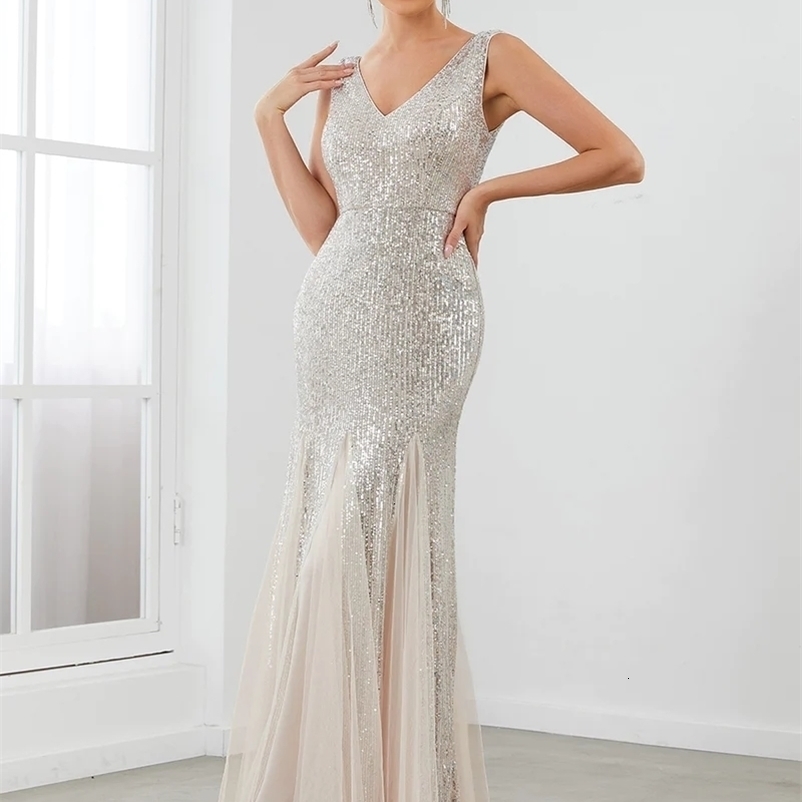 Party Dresses Elegant Evening Dresses Long V-Neck Sleeveless Floor-Length Ever Pretty of Charcoal Sequin Mermaid Simple Prom Women Dress 230504