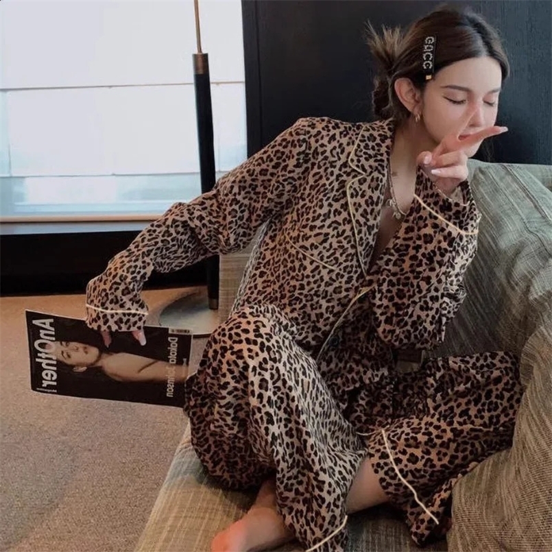 Leopard Sleepwear Women Pajama Sets Korean Piiama Long Sleeve Pants Sets 2 Pieces Spring Night Wears Button Home Suit 250411