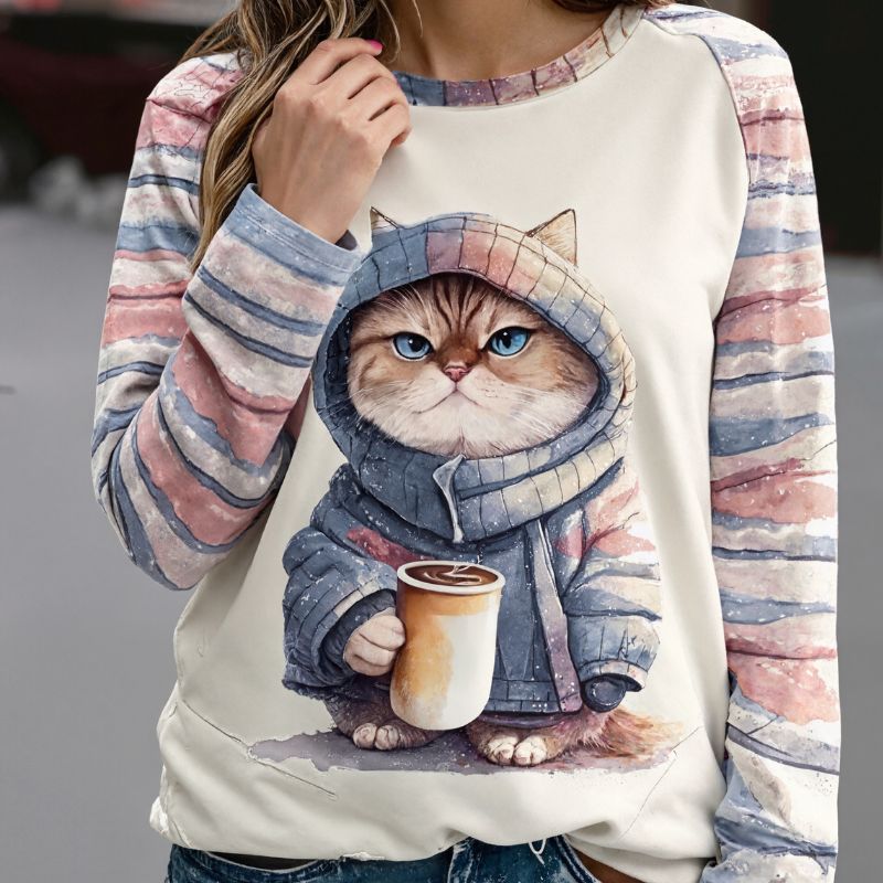 Women's Autumn Winter Cute Cat Printed Long - Sleeve T - Shirt, Fashion Casual Milk Silk Top-CF23792