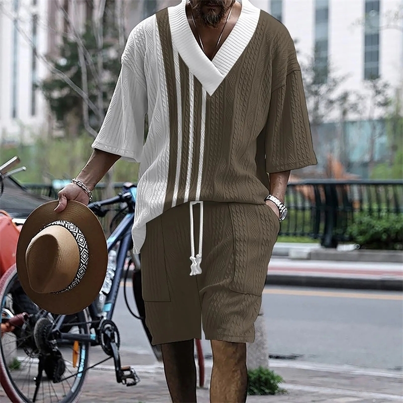 summer mens loose casual sportswear high-quality jacquard V-neck short sleeved two-piece mens clothing 250422