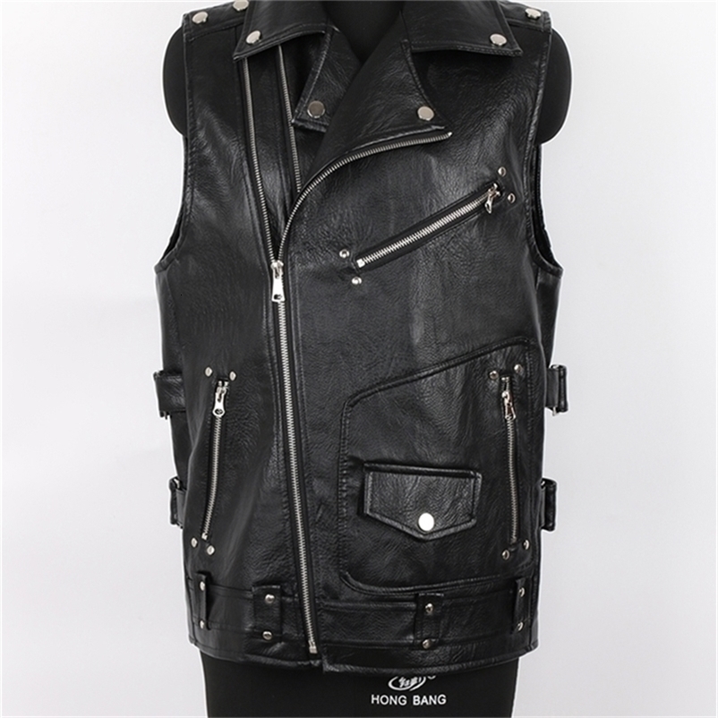 Men's Leather Faux Mauroicardi Autumn Black Motorcycle Vest Men Zipper Pockets Plus Size Biker Sleeveless Jacket 4xl 5xl 220826