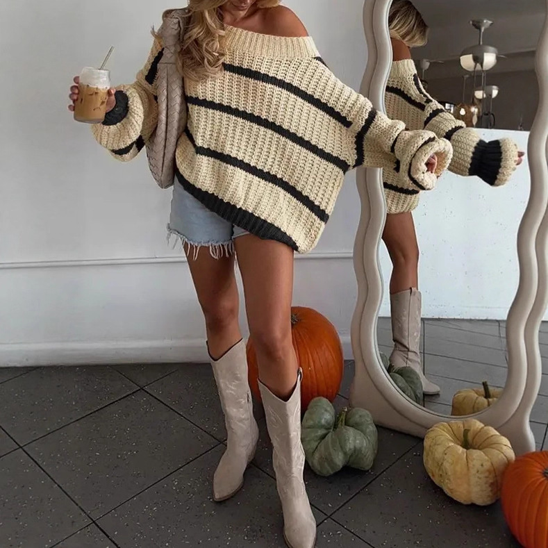 Autumn Winter Casual Striped Lantern Sleeve Off-Shoulder Knitted Sweater Fashion Loose Top for Women