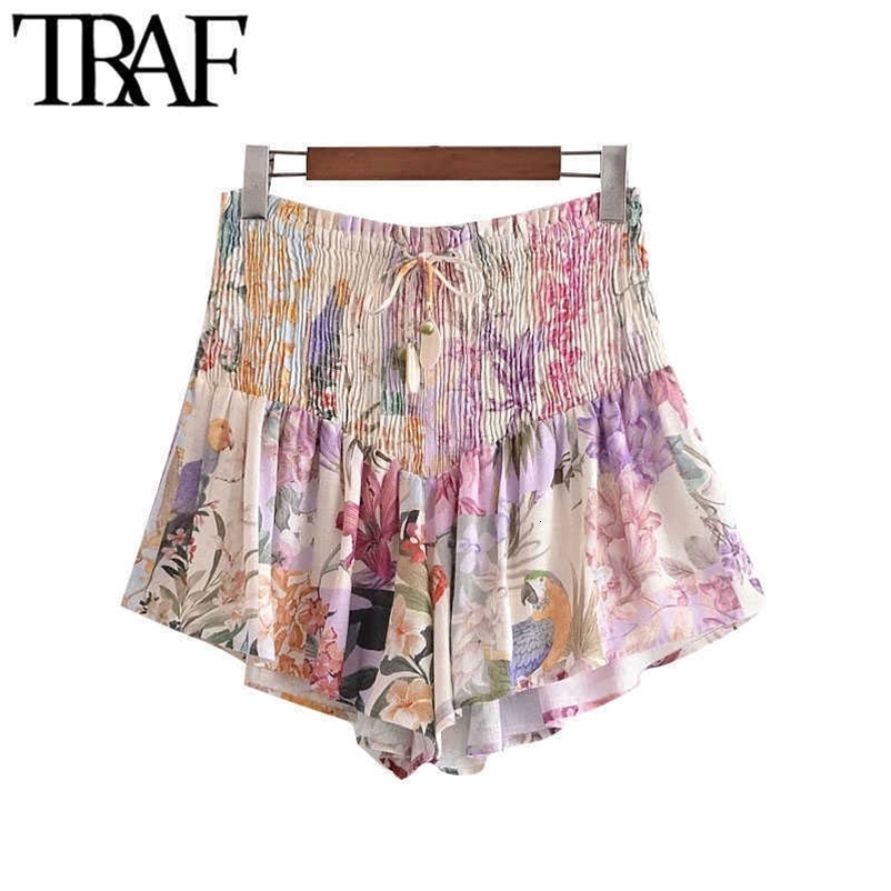 TRAF Women Chic Fashion Floral Print Smocked Shorts Vintage High Elastic Waist With Drawstring Female Short Pants Mujer 210611