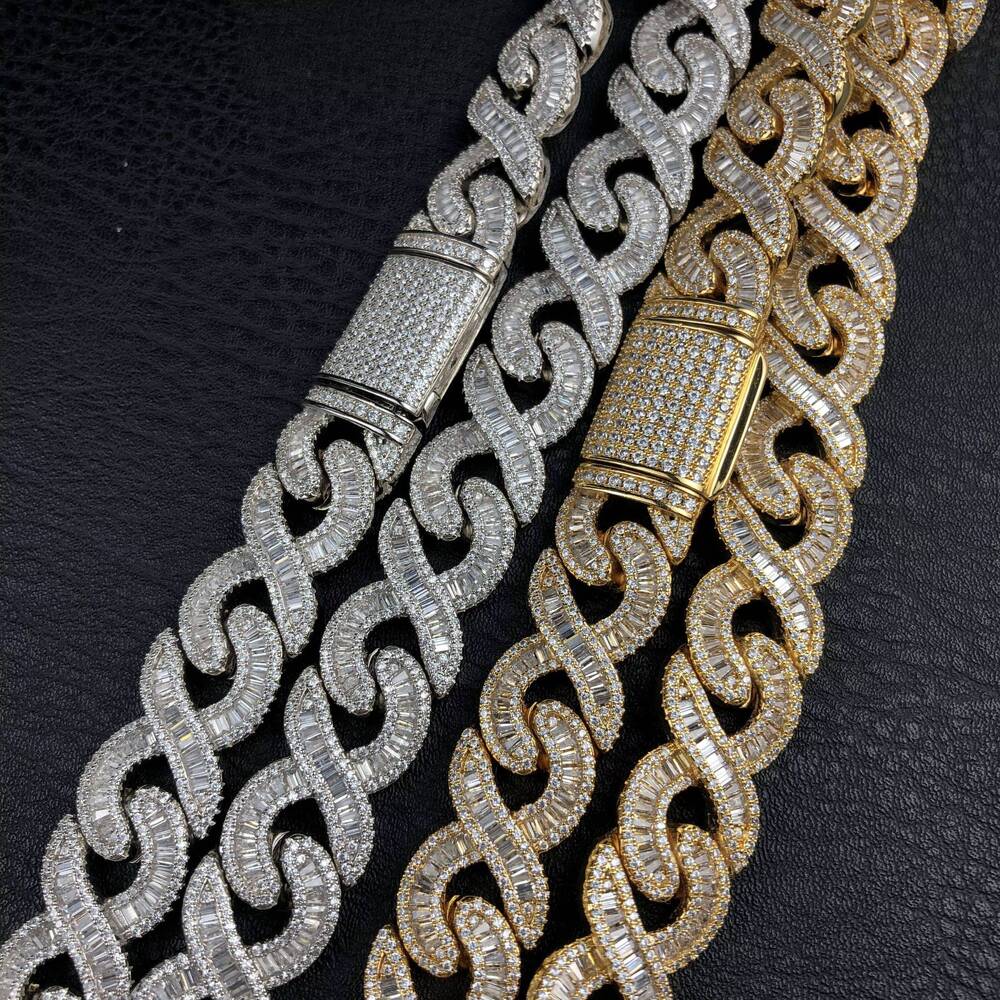 YSS Jewelry Mens 15mm Gold AAA Baguette Micro Pave Infinity Link Flooded Ice Bling Chain