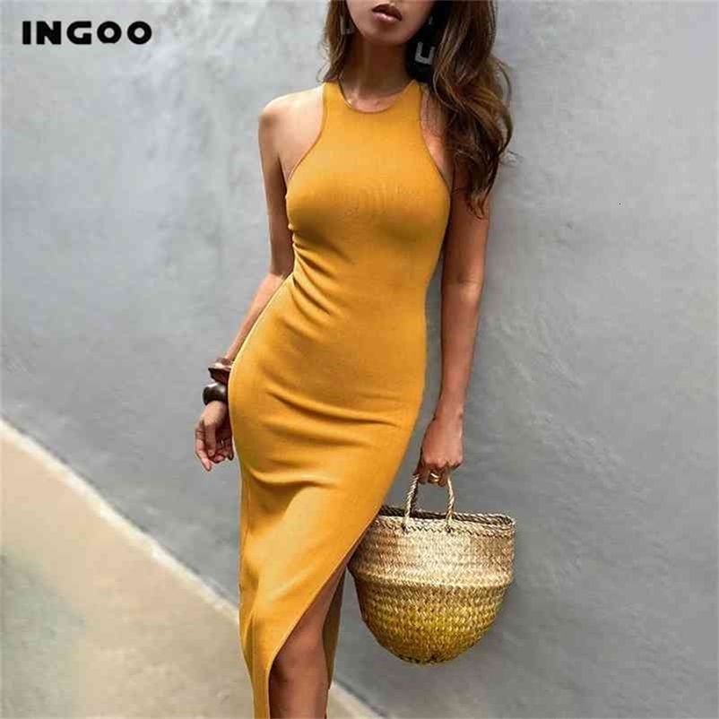 INGOO Bodycon Tank Dres Split Tight Long Robe Yellow Black Elegant Sundress Casual Office Knee Sheath Dresses 210630