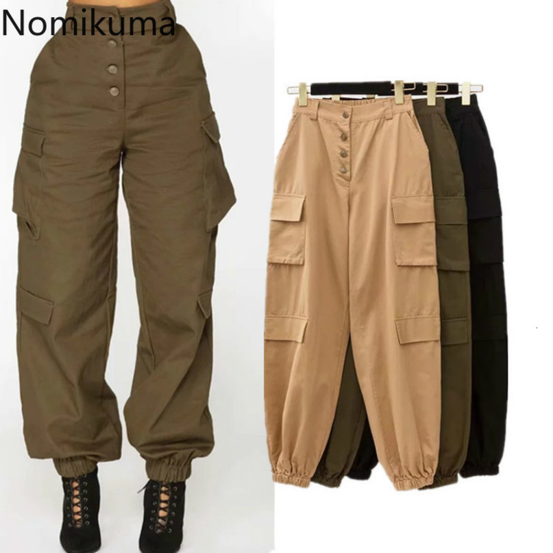 Nomikuma BF Style Women Cargo Pants Single Breasted High Waist Harem Pants Autumn New Pockets Femme Long Trousers 6C933 210427