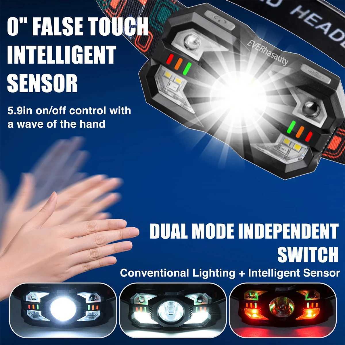 Rechargeable motion sensor headlamp Led Flashlight Work Mini Headlamps Usb Portable Outdoor For Camping Light Running flashlight J250925