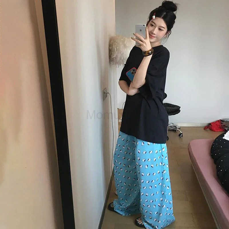 Sanrio Sanrios Hello Kittys Pajamas Pants Girls Cartoon Kt Cat Printing Wide Leg Floor Pants Summer Home Trousers Leisure Straight Pant L250925