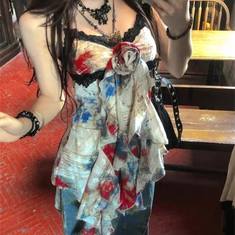 American Style Sexy Gyaru Halter Top Women Sweet Print Slim Camisole Summer High Street Coquette Asymmetrical Tees 250226bj